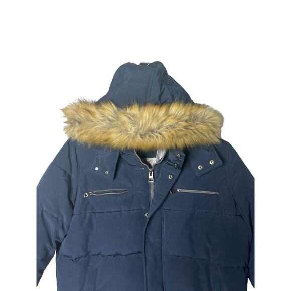 Guess Women's Faux Fur Trim Hooded Puffer Coat Dark Blue size large - Picture 2 of 3